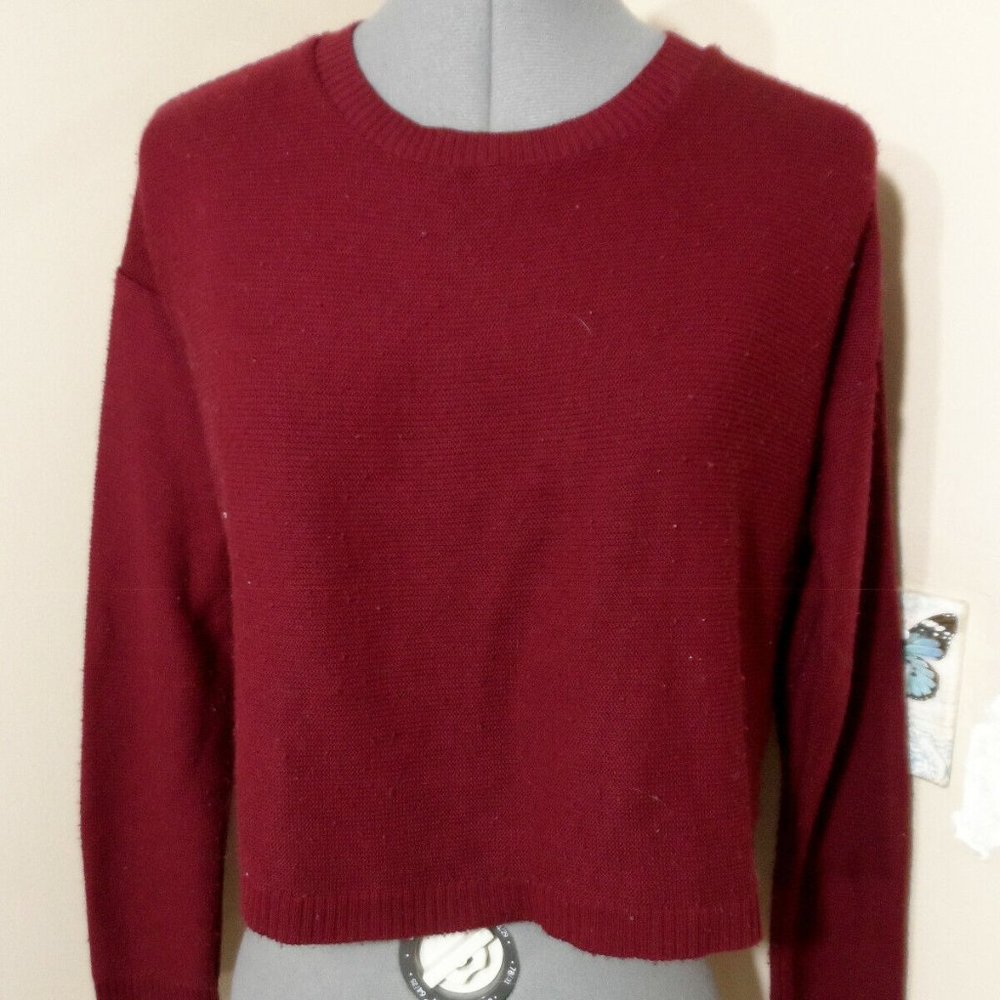 FOREVER21 Sweater Top S Burgundy crochet Crop Ribbed knit Crew neck Fall Basics
